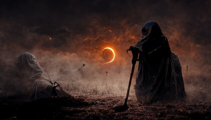 Person in robe with cane in misty desert against dark sky