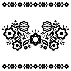 Mexican folk art style vector floral greeting card on invitation pattern inspired by traditional embroidery in black and white
