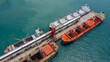 Aerial top view large general cargo ship bulk carrier.