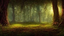 Fantasy Fairy-tale Magical Forest, Sunny Evening Light Through The Branches Of Trees. Magical Trees In A Wooded Area. Haze At Sunset, Plants, Moss And Grass In The Forest. 3d Illustration