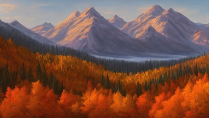 Fototapete - Autumn landscape of mountains, yellow orange foliage of trees. Autumn has come, the forest is in fiery colors. 3d illustration