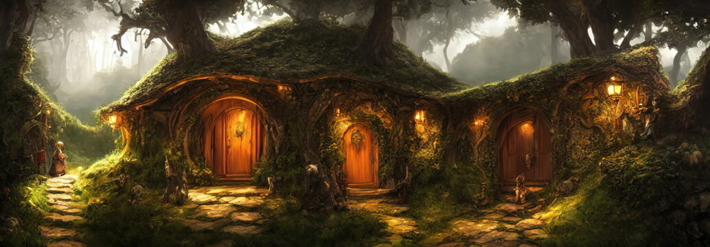 Fototapete - Hobbit village, houses with round doors and windows. Roofs of the houses are covered with grass. World of the Lord of the Rings. 3d illustration