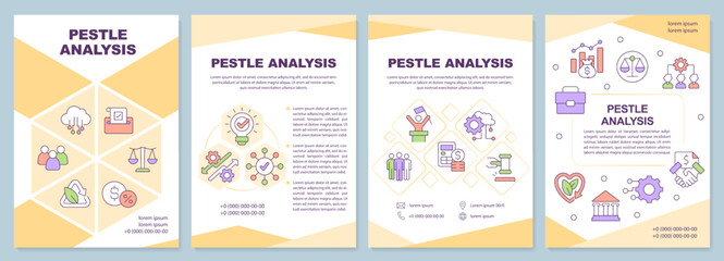 PESTLE analysis yellow brochure template. Management tool. Leaflet design with linear icons. Editable 4 vector layouts for presentation, annual reports. Arial-Black, Myriad Pro-Regular fonts used