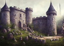 Old White Castle In The Mountains, Green Hills, Blue Sky, Fantasy Backdrop. Concept Art. Realistic Illustration.Serious Painting. Video Game Background. Digital Painting. CG Artwork. 