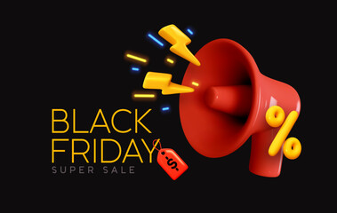 Wall Mural - Black Friday super sale. Promo background with realistic 3d cartoon style elements, red megaphone, loudspeaker with lightning, percent symbols. Promotion banner, web poster. vector illustratio