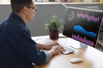 Poster - Millennial Businessman Analyzing Financial Statistics On Computer Screen While Working In Office