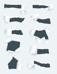 Sticker - Realistic torn paper with ripped edges set isolated vector illustration. Holes in white paper with torn sides over gray background with space for text. Opening showing space template сollection