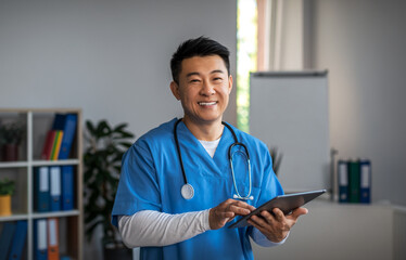 Wall Mural - Smiling middle aged japanese male doctor with tablet and wait patient in clinic office interior