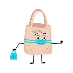 Wall Mural - Cute bag character with face in medical mask keep distance, arms and legs. Shopper person with care expression and pose. Vector flat illustration