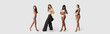 © master1305 - Full-length portraits of young women standing together isolated over gray background. Body positivity and weight loss concept