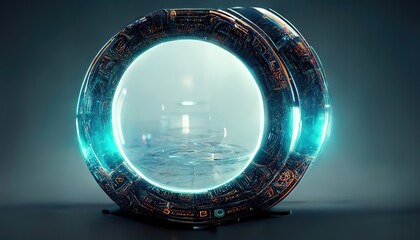 Poster - A futuristic circular portal, with an intricate technological design, a portal to another world isolated on a blue background.