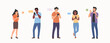 Different young women and men look into the smartphone. People stand full body. Flat style cartoon vector illustration.
