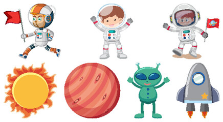 Wall Mural - set of space cartoon characters and objects