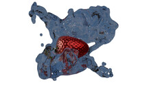 Blue Water Splash From Water Stream Is Colliding With Red Crystal Strawberry (3D Rendering)