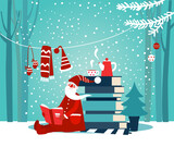 Fototapeta Dinusie - Cute winter holiday illustration with funny Santa Claus reads a book. Christmas and Happy Holidays vector card