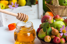 The Harvest Of Apples In The Basket. Flower Honey, Apple Spas