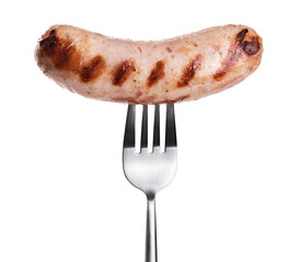 Wall Mural - Fork with grilled German, Munich, Bavarian, sausage isolated on white background. With clipping path.