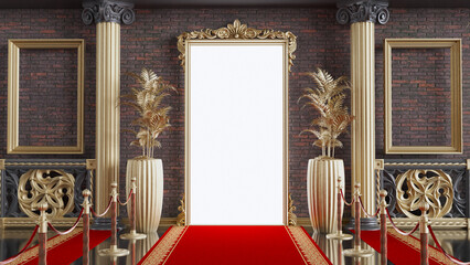 Wall Mural - golden frame door among black and gold columns, red carpet entrance with barriers and velvet ropes. 