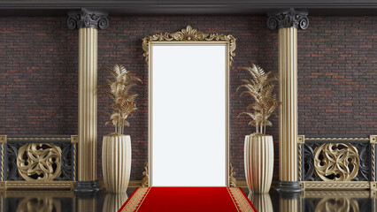Wall Mural - golden frame door among black and gold columns, red carpet entrance with barriers and velvet ropes. 