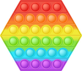 Wall Mural - Popit figure hexagon as a fashionable silicon toy for fidgets. Addictive anti stress toy in bright rainbow colors. Bubble anxiety developing pop it toys for kids. Png illustration isolated