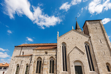 Poster - Medieval Cathedral of Venzone. Church of St. Andrew the Apostle, 1308. Destroyed by the 1976 earthquake and rebuilt between 1988 and 1995. Udine province, Friuli-Venezia Giulia, Italy, Europe.