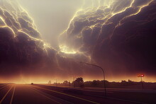 Lightning In The Sky, Epic Thunder Cloudy Background, Digital Illustration, Digital Painting, Realistic Illustration, Cg Artwork