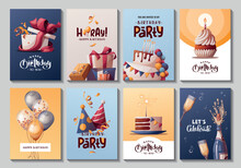 Set Of Birthday Cards With Cake, Gift Boxes, Balloons, Champagne. Handwritten Lettering. Birthday Party, Celebration, Congratulations, Invitation Concept. Vector Illustration. Postcard, Card, Cover.