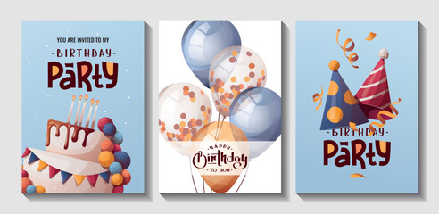 Wall Mural - Set of Birthday cards with cake, caps, balloons. Handwritten lettering. Birthday party, celebration, congratulations, invitation concept. Vector illustration. Postcard, card, cover.