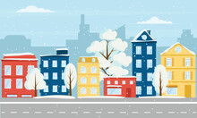 Bright Winter Street With Color House And Tree With Snow. Vector Illustration.