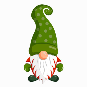 Illustration of Christmas gnome on an isolated background for a postcard, banner, textiles, decor. Scandinavian Nordic Gnome, Cute Christmas Santa Gnome Elf. Vector.