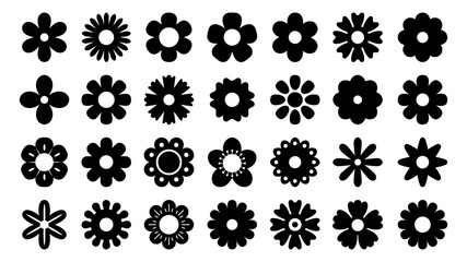 Wall Mural - Black flower icons. Geometric silhouette symbols of chamomile and daisy, stylized floral decorative elements and dark flower logos. Vector simple graphic set