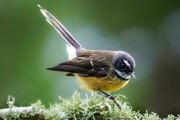 Poster - Close-up view of a New Zealand fantail perching on the branch covered in fungus