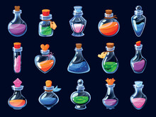 Game Potion. Cartoon Elixir For Strength Mana And Stamina, Love Potion Poison And Antidote In Magic Phials 2D Game UI Icon Asset. Vector Sprite Interface Elements Set