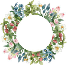 Round Banner With Spring Flowers Including Daffodils And Tulips