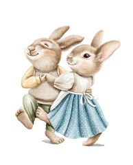 Watercolor vintage two rabbits pair in clothes dancing dance isolated on white background. Hand drawn illustration sketch