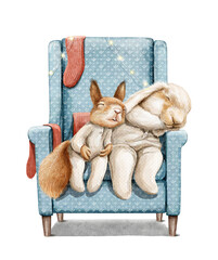 Watercolor Christmas vintage two little baby squirrel and bunny rabbit in pajamas clothes sleep in chair with present socks and garland isolated on white background. Hand drawn illustration sketch