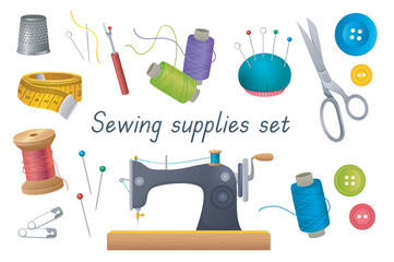 Sewing tools 3d realistic set. Bundle of thimble, needles, pins in holder, thread in reels, scissors, buttons, measuring tape, sewing machine, yarn and other isolated elements.Vector illustration