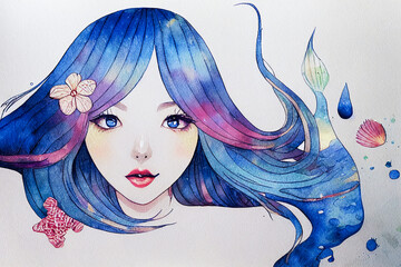 Cute little mermaid portrait. Watercolor illustration