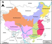 Map Of People’s Republic Of China Includes Four Regions, And Lancang (Mekong) River, Amur River, Yangtze River And Countries, Mongolia, Russaia, India, Myanmar, Korea And Vietnam