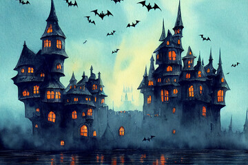 Halloween castle. Halloween background for party at scary night