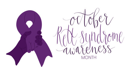 Rett Syndrome Awareness Month October handwritten lettering and purple support ribbon. Web banner vector template