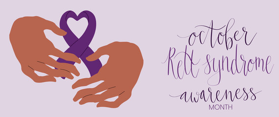 Rett Syndrome Awareness Month October handwritten lettering and purple support ribbon. Web banner vector template