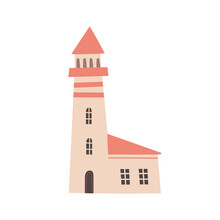 Small Tiny Lighthouse Hand Drawn Illustration. Cute House. Paper Cut Style. Flat Design.