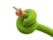 3d render, cartoon character spiral hand in green sweater, points forward, pointing finger, shows direction. Funny clip art isolated on transparent background