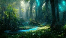 Raster Illustration Of Beautiful Fairy Forest, With Magical Lights. Cartoon, Mysticism, Magical Realism, Wild Nature, Science Fiction, A River Shining With Neon Colors, A Streamlet. 3d Artwork