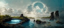 Raster Illustration Of Beautiful Island From A Bird's Eye View With Plants, Rocky Terrain And Lakes. Estuary, Beauty Of Nature, Local View, Landscape. Futurism Concept. 3d Rendering Background