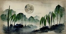 Raster Illustration Of Drawn Mountains And Forest In Japanese Style. Nature In Asian Culture, The Times Of The Samurai, Moon, Hilly Terrain, Rocks, The Land Of The Rising Sun. 3D Artwork Background