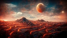 Raster Illustration Of Uninhabited Sandy Desert With Magma Flowing Through It And Space Objects In The Sky. Sputnik, Planet, Plasma, Volcanic Eruption, Cosmonaut, Science. 3d Artwork
