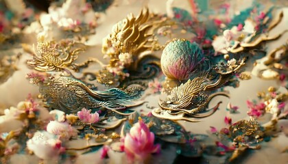 Poster - Raster illustration of beautiful abstract patterns that are used to decorate jewelry. Silver, gold, leaves, waves, flowers, buds, gift, ancient ornament. Futurism concept. 3d rendering artwork