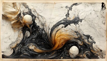 Canvas Print - Raster illustration of splashes of water splash texture . Wave color with sand, sea breeze, ocean, foam, drink mixture of black orange colors, waves and gold swirls. 3D render artwork background